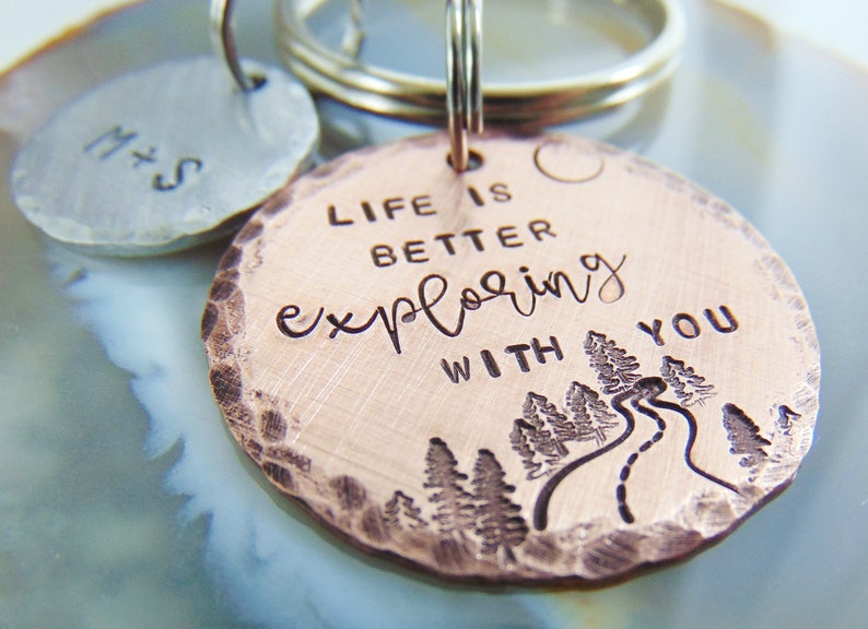 Personalized Anniversary Keychain, Hand Stamped, Life Is Better Exploring With You, Wedding Gift, Boyfriend Key Ring, for Him, Gift for Her image 1