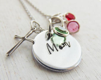 mothers necklace, Personalized, Mother's Day Gift, Gift for Mom, Cross, Children's Birthstone Necklace, Hand Stamped, Custom Jewelry, Oma