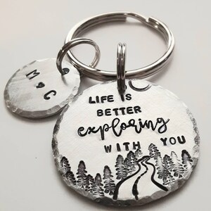 Personalized Anniversary Keychain, Hand Stamped, Life Is Better Exploring With You, Wedding Gift, Boyfriend Key Ring, for Him, Gift for Her image 2