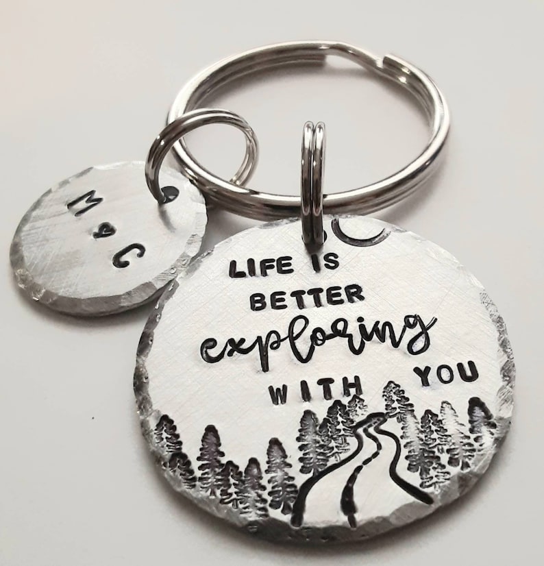 Personalized Anniversary Keychain, Hand Stamped, Life Is Better Exploring With You, Wedding Gift, Boyfriend Key Ring, for Him, Gift for Her image 2
