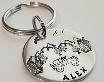 4 x 4 Keychain, Personalized keychain, Gift for him, First time driver keyring, Congratulations gift, mountains,  pine trees, hand stamped