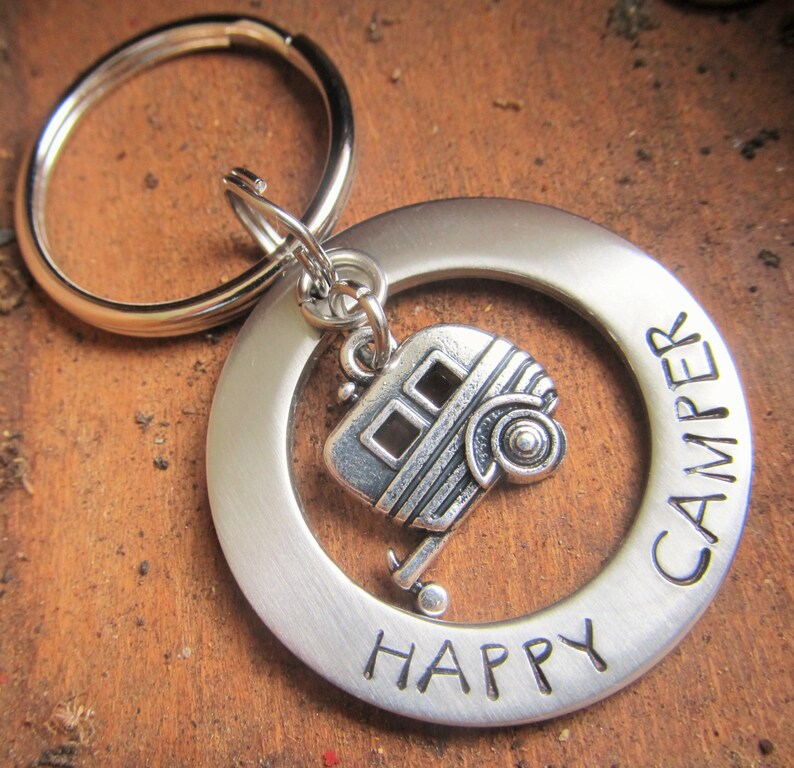Camper Keychain Hand Stamped Key Ring Happy Camper Key Ring Gift for ...
