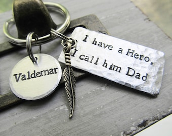 Personalized Dad Key Ring, Father's Day Gift, Father's Gift, Hero Keychain, Hand Stamped Gift, Gift for Him, Dad Gift, Feather Keyring