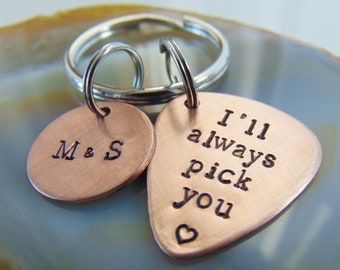 I'll always pick you keychain, Valentines Day Gift for Him, Copper Guitar Pick Key Ring, Personalized Pick Keychain, Wedding Gift, Husband