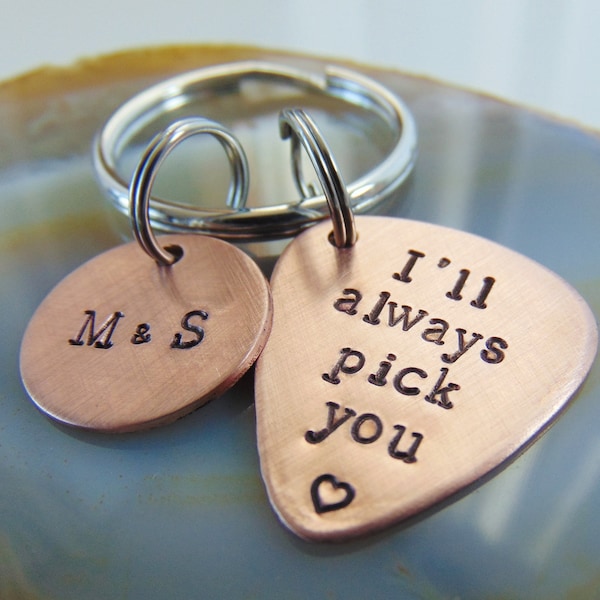 I'll always pick you keychain, Valentines Day Gift for Him, Copper Guitar Pick Key Ring, Personalized Pick Keychain, Wedding Gift, Husband