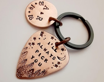I'll always pick you keychain, Valentines Day Gift for Him, Copper Guitar Pick Key Ring, Personalized Pick Keychain, Wedding Gift, Husband