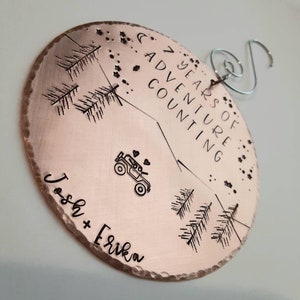 7 Years of Adventure and Counting Ornament,  Personalized tree decoration,  Anniversary gift, hand stamped copper gift, custom engraved gift