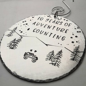 10 Year Anniversary Ornament, Personalized Christmas Tree Decoration, Adventure Gift , Hand stamped aluminum, Anniversary Gift Husband, Tree image 1
