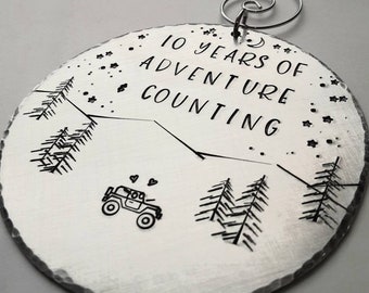 10 Year Anniversary Ornament, Personalized Christmas Tree Decoration, Adventure Gift , Hand stamped aluminum, Anniversary Gift Husband, Tree