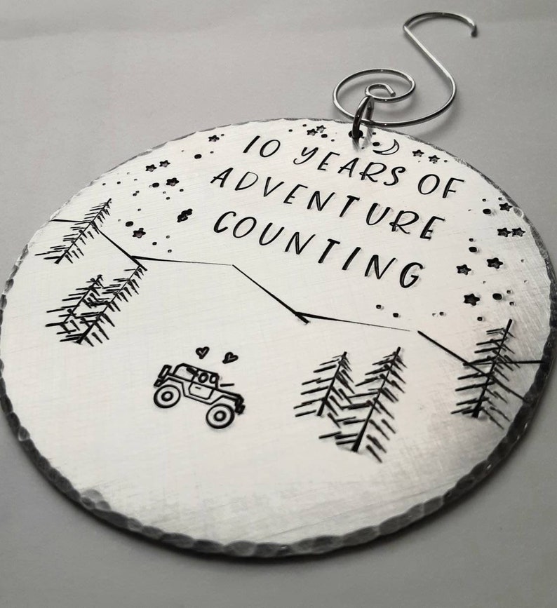 10 Year Anniversary Ornament, Personalized Christmas Tree Decoration, Adventure Gift , Hand stamped aluminum, Anniversary Gift Husband, Tree image 1