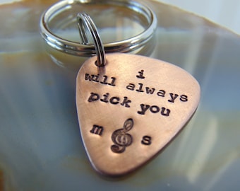 I will always pick you, Guitar pick keychain, Personalized Key ring, Valentine's Day Gift, Hand Stamped, Custom Music Keychain, Copper, Gift