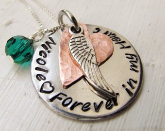 Memorial Necklace Hand Stamped Jewelry Memorial Personalized Memorial Necklace Birthstone Necklace Wing and Heart Jewelry Gift for Her