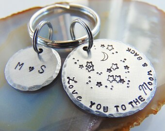 Valentines Gift, Love You to the Moon Key Ring, Personalized Keychain, Gift for Him, Hand Stamped, Custom Key Chain, Stars, Moon Keyring