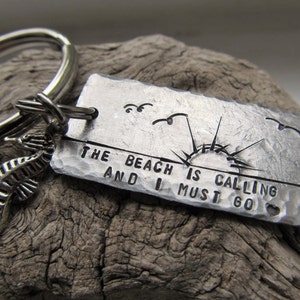 Personalized Beach Key Ring Sea Horse Key Ring Beach Is Calling Keychain Hammered Aluminum Keychain Gift for Her Beach Gift
