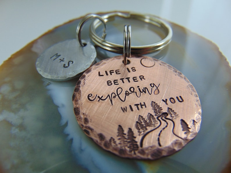 Personalized Anniversary Keychain, Hand Stamped, Life Is Better Exploring With You, Wedding Gift, Boyfriend Key Ring, for Him, Gift for Her image 8