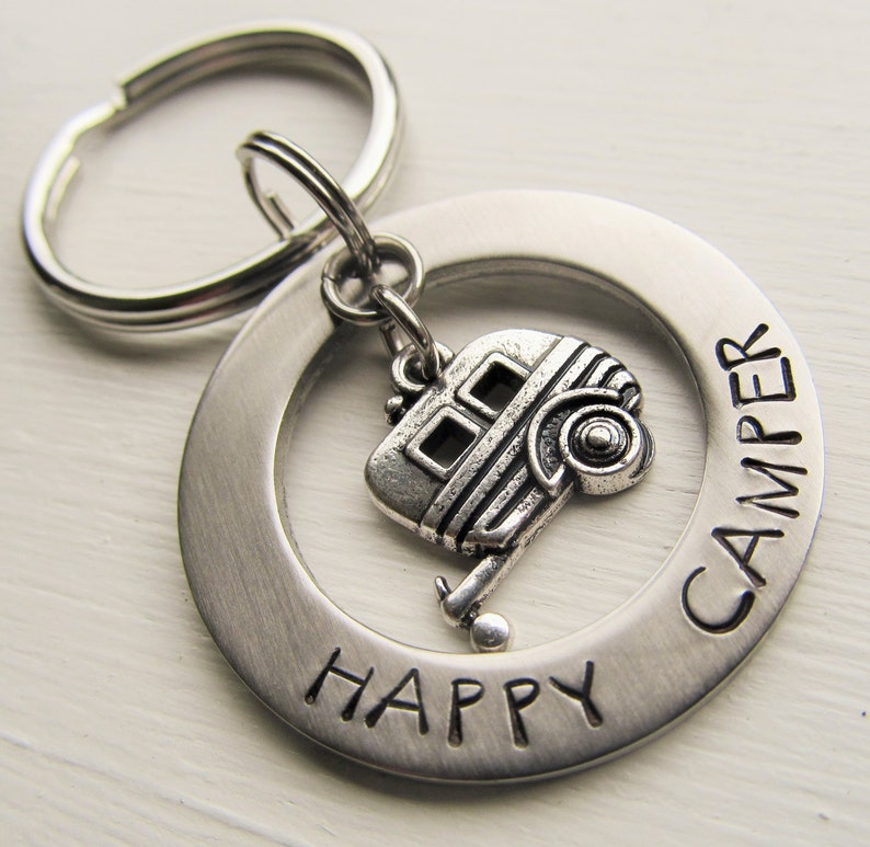 Camper Keychain Hand Stamped Key Ring Happy Camper Key Ring Gift for ...