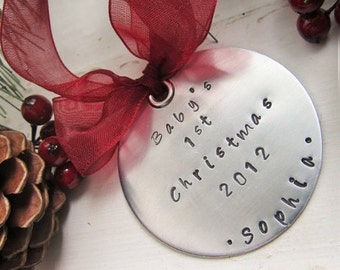 Babys First Christmas Ornament - Hand Stamped Personalized Ornament - Aluminum Handstamped Ornament