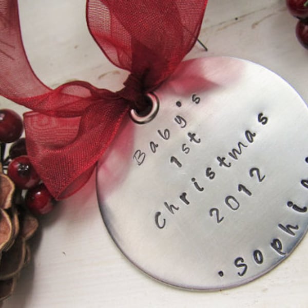 Babys First Christmas Ornament - Hand Stamped Personalized Ornament - Aluminum Handstamped Ornament