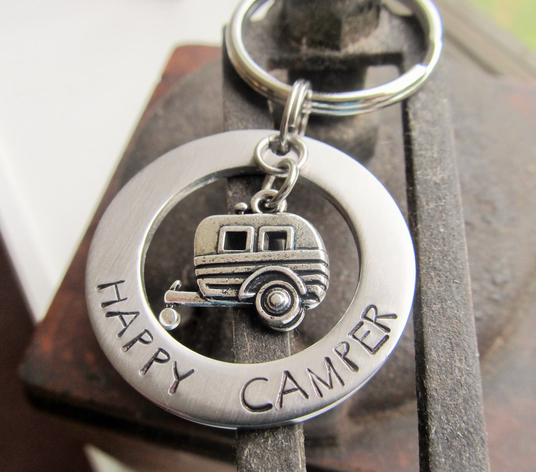 Camper Keychain Hand Stamped Key Ring Happy Camper Key Ring Gift for ...
