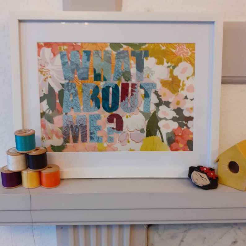 Applique embroidery textile art ready to frame. What about me