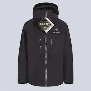 May include: A black hooded jacket featuring a central zipper, two vertical chest pockets with black zippers, and the Arc'teryx logo on the upper left chest. A Gore-Tex product tag hangs from the collar with text in French and English.