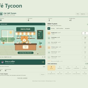 Cat Café HTML5 Game Source Code, JavaScript Idle Tycoon Template
