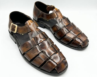 Brown Leather Fisherman Sandals for Men, Woven Vintage Summer Shoes