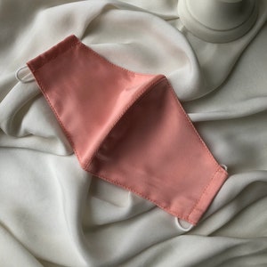 Pastel Peach Satin and Cotton Fitted Small Ladies Face Mask With PM2.5 Filter Pocket