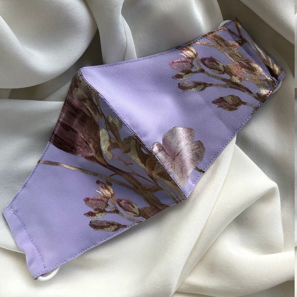 Ladies Small Face Mask in Lilac Purple Crepe and Cotton Fabrics with Flower Ornament and PM2.5 Filter Pocket