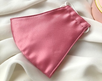 Mascarilla facial de satén rosa: forro de algodón ajustado, bolsillo para filtro PM2.5