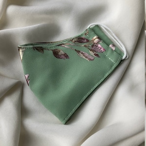 Kids Face Mask in Mint Green Crepe and Cotton Fabrics with Flower Ornament and PM2.5 Filter Pocket