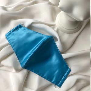 Bright Blue Satin and Cotton Fitted Small Ladies Face Mask With PM2.5 Filter Pocket
