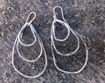 Organic Hoop Earrrings, Rustic, Oxidized Triple Rings on Sterling Earwires.