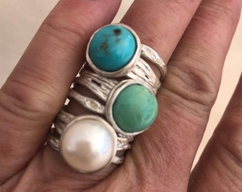 Rings of Twig Shapes in Silver, Gemstones and Pearls