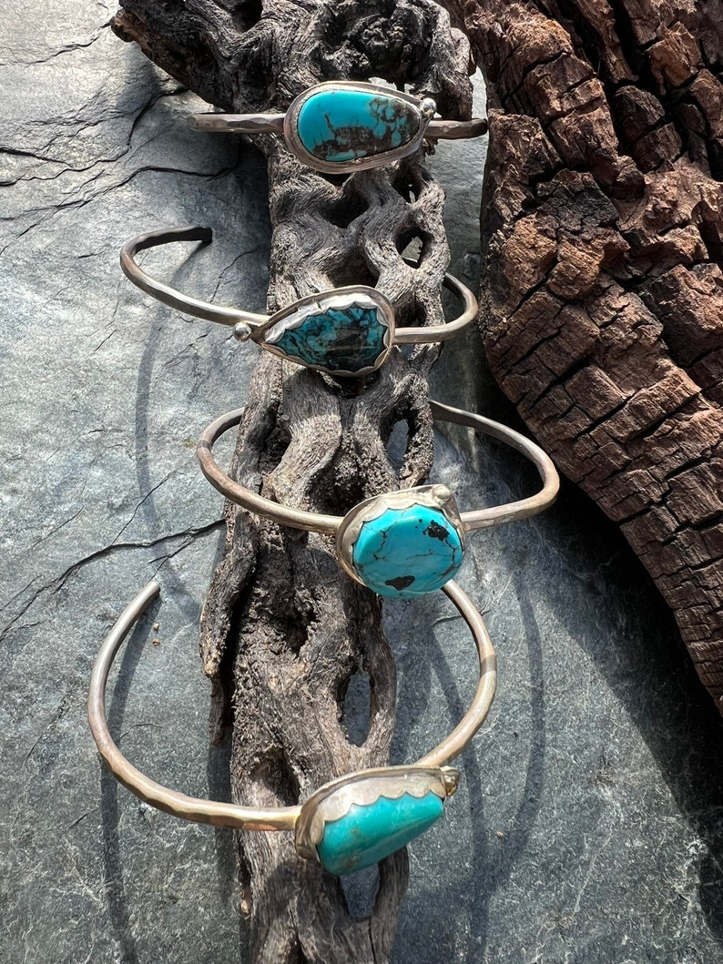 Turquoise Silver Stack Cuff Hammered Oxidized Handmade image 5