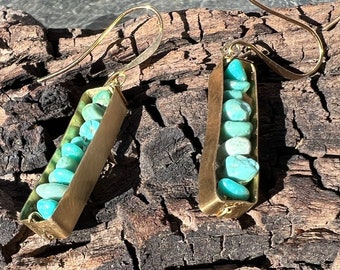 Turquoise  Stack BeadsBrass Wrap Drop Gold Earrings