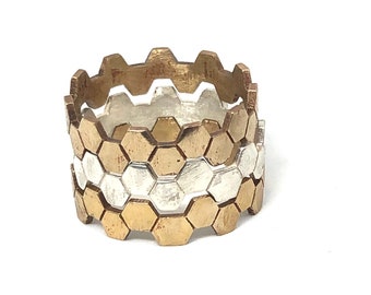 Honeycomb Stack Rings Silver and Bronze
