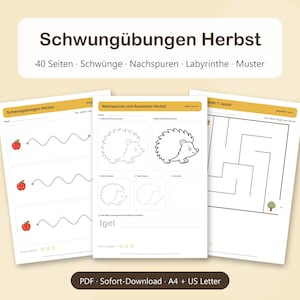 Op de afbeelding: Een digitale oefenset van 40 pagina's getiteld Schwungübungen Herbst met overtrek-oefeningen, doolhoven en patronen. De pagina's bevatten illustraties van appels, egels en bomen met stippellijnen om over te trekken en schrijfopdrachten.