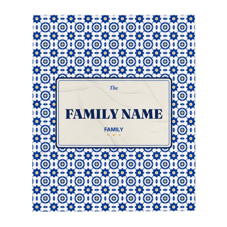 Personalised Azulejo Family Blanket, Portuguese Tile Throw with Family Name, Christmas Gift for Portuguese Family & Emigrants