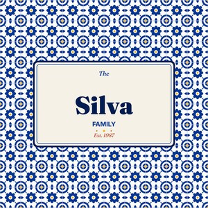 May include: A rectangular sign featuring a cream-colored center with the text The Silva FAMILY Est. 1987 in dark blue and red. The border is surrounded by a repeating pattern of blue and yellow flowers on a white background.