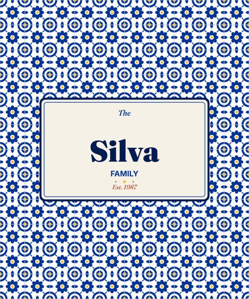 May include: A rectangular sign featuring a cream-colored center with the text The Silva FAMILY Est. 1987 in dark blue and red. The border is surrounded by a repeating pattern of blue and yellow flowers on a white background.