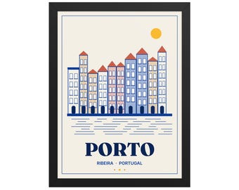 Porto Ribeira Gerahmter Druck 30 x 40 cm, Portugal-Wandkunst, portugiesisches Geschenk zu Weihnachten, Auswanderer-Wohndekoration, blau-weiße Kunst