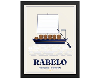 Gerahmter Kunstdruck „Rabelo Boat Douro“, 30 x 40 cm, Wandkunst aus Portugal, Portugiesisches Weihnachtsgeschenk, Dekoration für Auswandererwohnungen, Blau-Weiß-Kunst