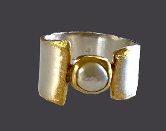 Vergulde sterlingzilveren ring – Statementring zoetwaterparel