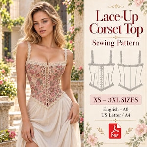 Lace-Up Corset Top Sewing Pattern PDF, Lace Trim Bustier with Pointed Hem, XS-3XL