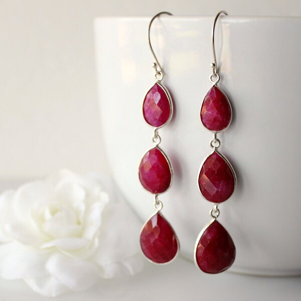Large Triple Drop Ruby Earrings, 3 tiers, Cascade, 925 Sterling, Red Ruby Jewelry, Red Gemstone, Long Dangles, Triple drop