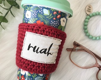 Coffee cozy. Ruah breath of God. Holy Spirit cozy. Red coffee sleeve. Catholic gifts. Confirmation gift.