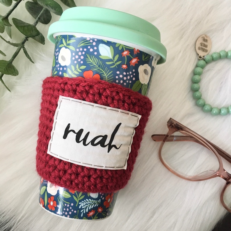 Red coffee sleeve Coffee cozy Holy Spirit cozy Confirmation gift. Ruah breath of God Catholic gifts