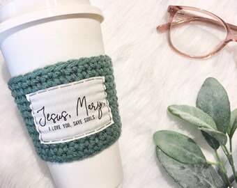 Coffee cozy. Jesus, Mary, I love you, save souls. Holy Family. Catholic cozy. Catholic gifts for women.