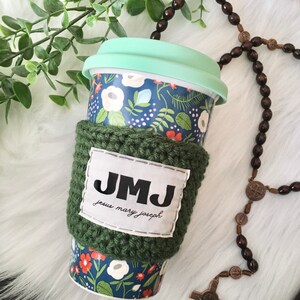 Coffee cozy. JMJ coffee sleeve. Jesus Mary Joseph. Catholic gifts.